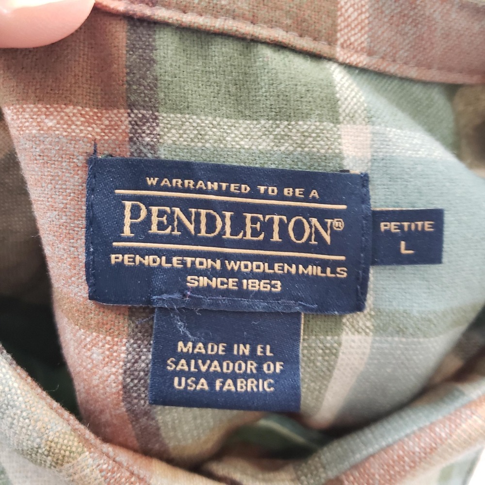 Pendleton Shirt Womens Petite Large Green Brown Plaid Wool Button Up Long Sleeve - Picture 5 of 14